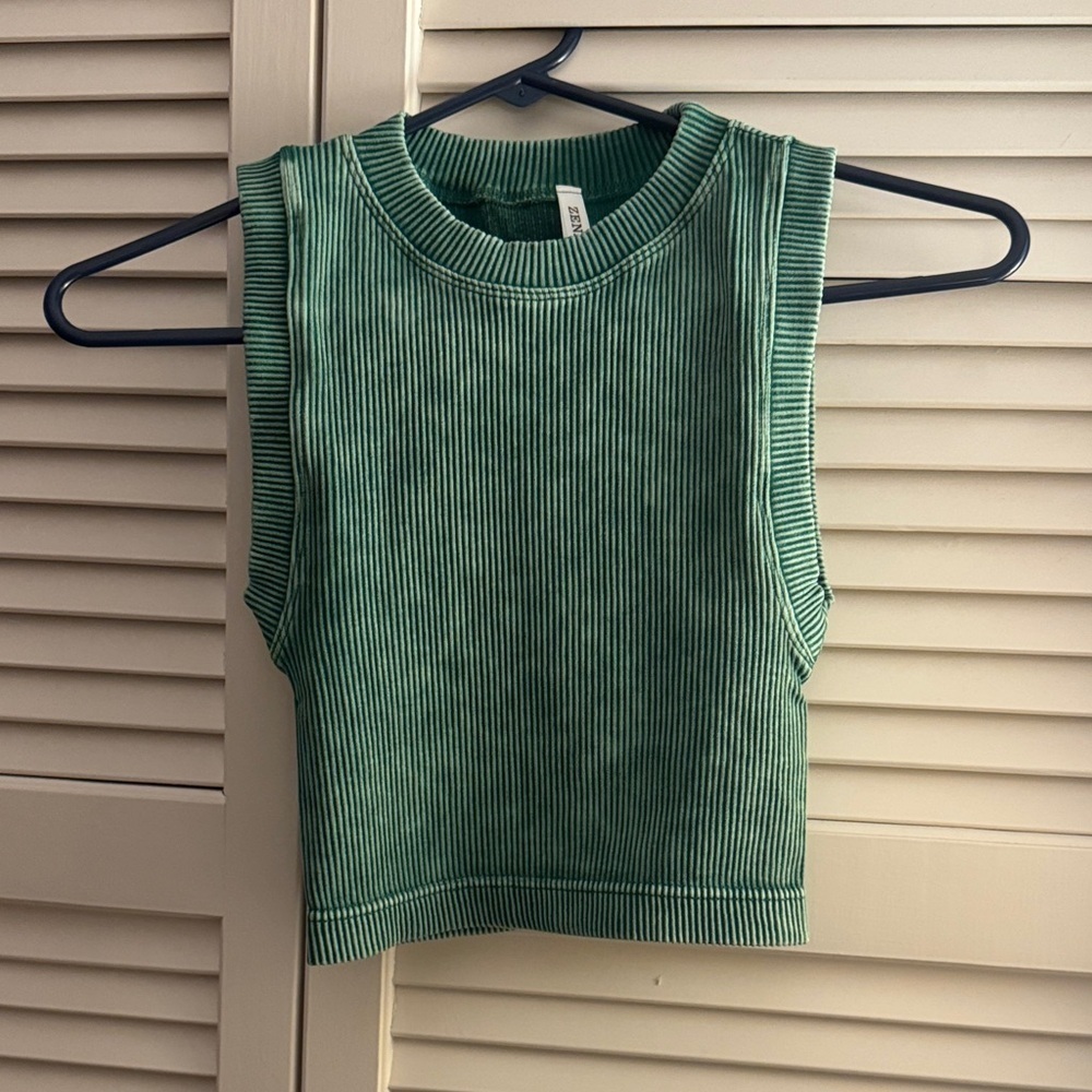 Zenana Crop Ribbed Top Multiple Sizes NEW Green